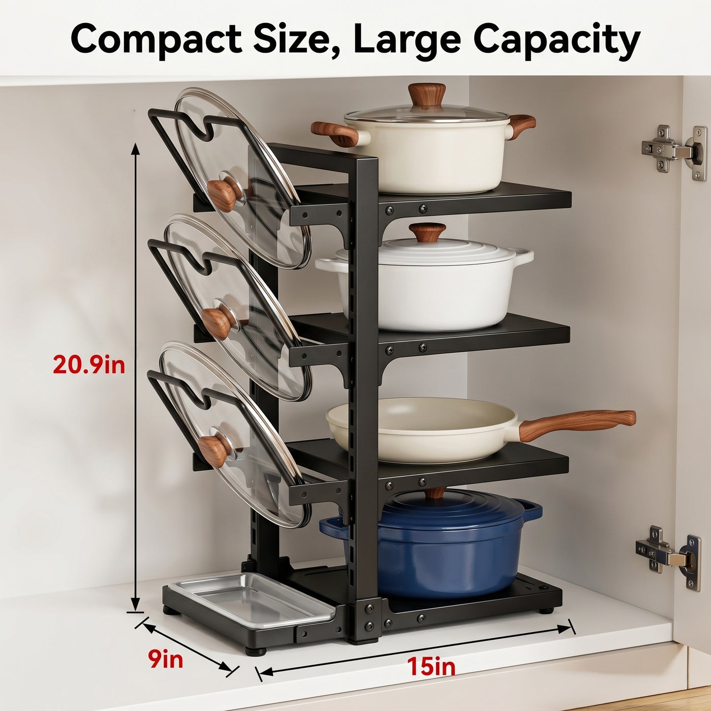 Riousery Pots and Pans Organizer, 7-Tier Adjustable Pan Rack with Lid Holder and Drip Tray, 220Lb Heavy Duty Metal Cookware Organizer for Kitchen Countertop & Cabinet, Black