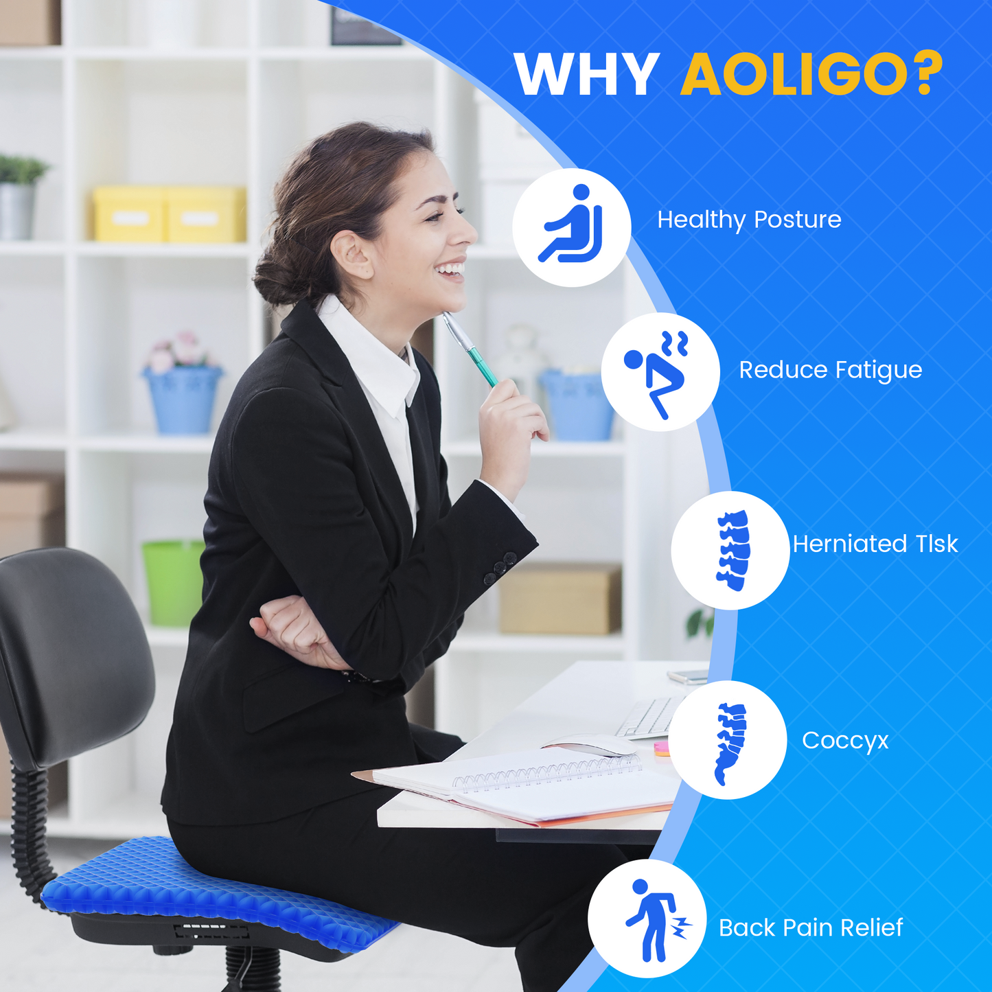 AOLIGO Gel Seat Cushion, 17" x 15" Seat Cushion, Office Chair Cushion, Blue