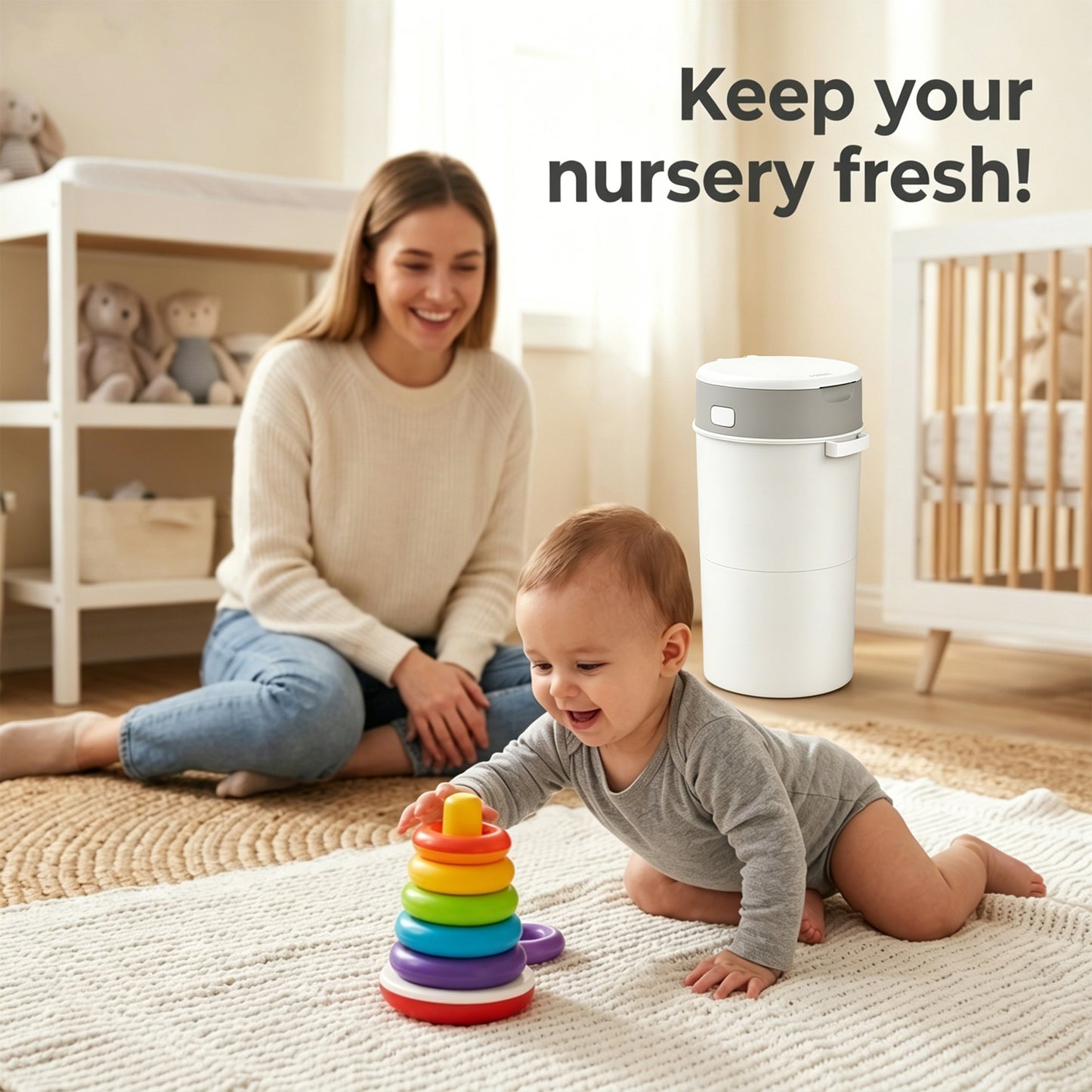 ZNQPLF Baby Diaper Pail, Advanced Odor Control Diaper Bin for Nursery, Hands-Free Twist-Seal Disposal System, Gray-White