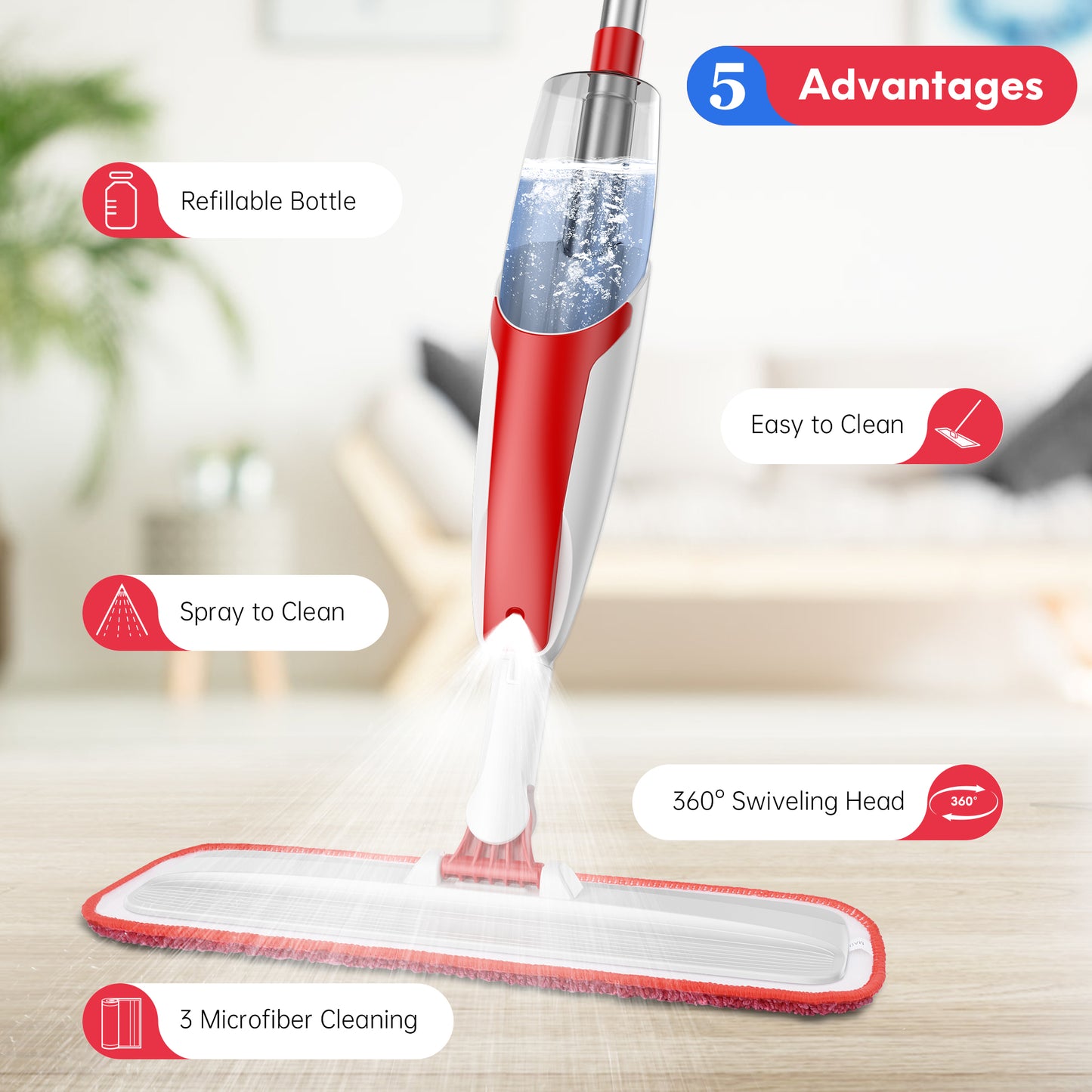 BIMZUC Spray Mop for Floor Cleaning Wet & Dry, with 14 oz Refillable Bottle and 3 Washable Microfiber Pads, Red