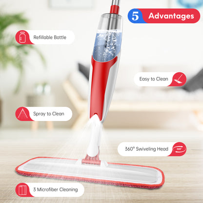 BIMZUC Spray Mop for Floor Cleaning Wet & Dry, with 14 oz Refillable Bottle and 3 Washable Microfiber Pads, Red
