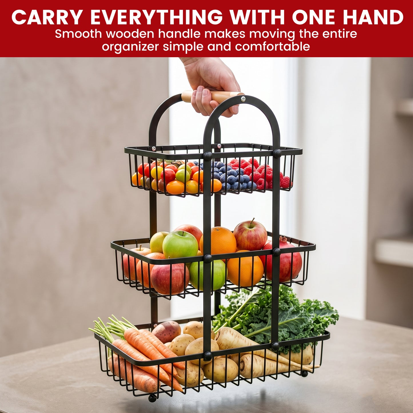 Riousery 3-Tier Fruit Basket for Kitchen Counter, Metal Fruit Stand with Wooden Handle, Large Wire Produce Organizer for Fruits, Vegetables, Bread & Snacks, Black