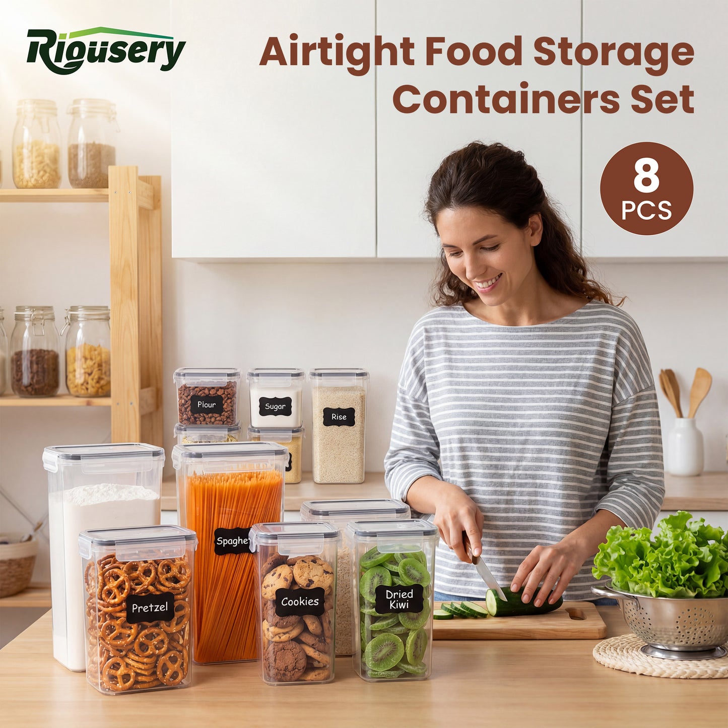 Riousery Airtight Food Storage Containers with Lids, 8-Piece Plastic Kitchen Pantry Canister Set for Cereal, Flour and Dry Food, with Labels and Marker