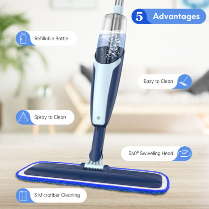 BIMZUC Spray Mop for Floor Cleaning Wet, with 14 oz Refillable Bottle and 3 Washable Microfiber Pads Home or Commercial Use, Blue