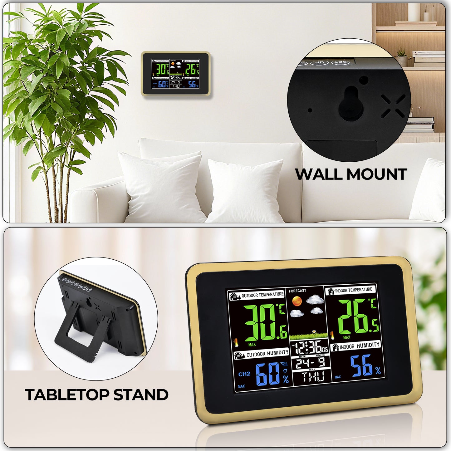 AOLIGO Wireless Weather Station, Color Display with Indoor Outdoor Thermometer, Forecast, Alarm and Calendar, Black