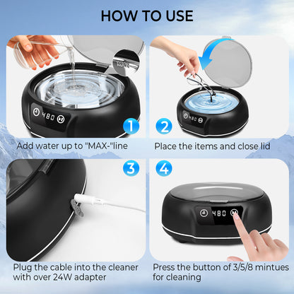 Bokyan Ultrasonic Jewelry Cleaner, 50 kHz Retainers Cleaner Machine 20 Oz Capacity with 304 Stainless Steel for Necklaces, Eyeglasses, Rings, Dentures, Black