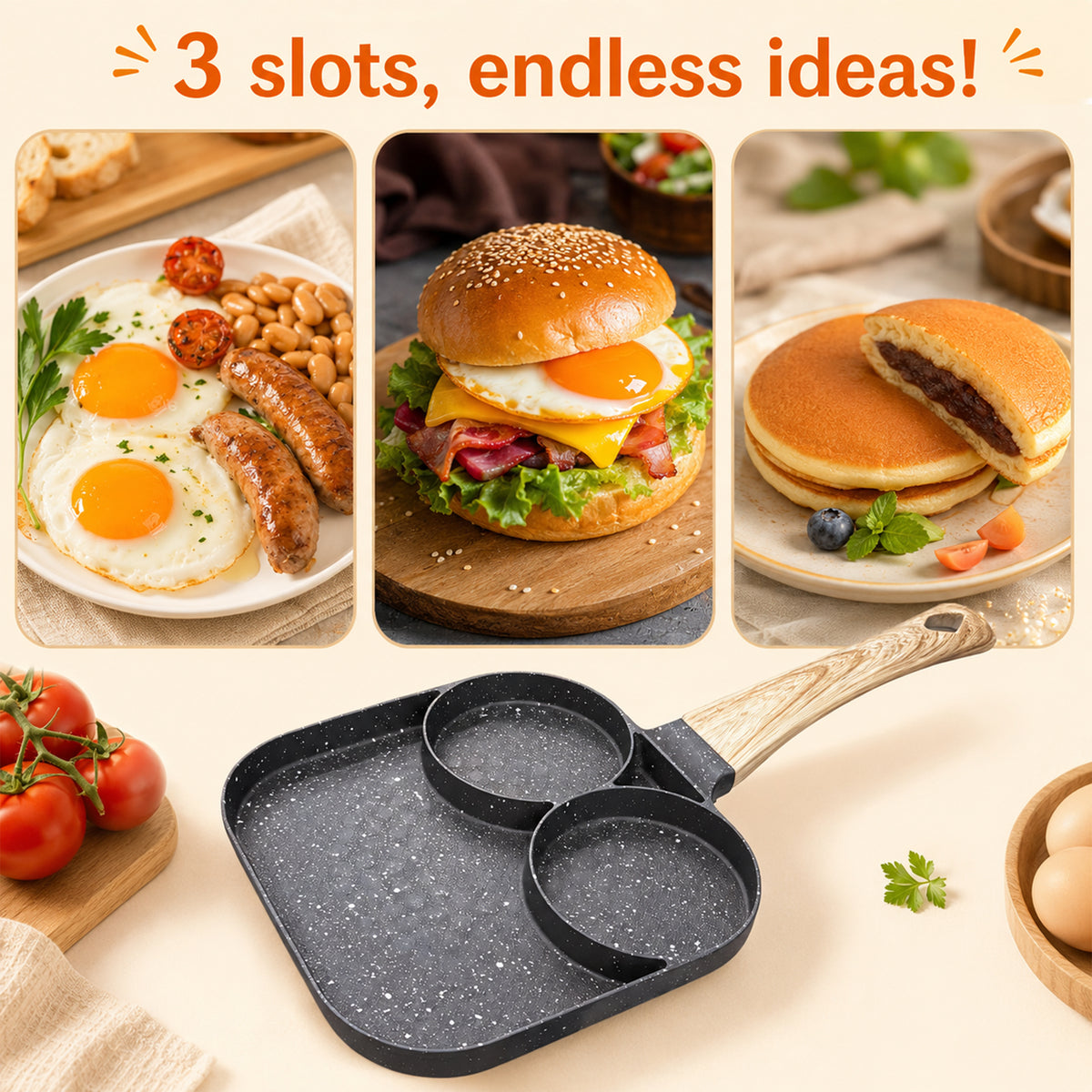 M Buder Egg Frying Pan, 3-Cup Nonstick Egg Pan , Aluminum Breakfast Skillet for Breakfast, Pancake, Hamburger, Sandwiches, Suitable for Gas Stove & Induction Cookware