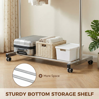 Riousery Heavy-Duty Stainless Steel Clothing Rack with Wheels, Adjustable Height & Length for Closet Organization