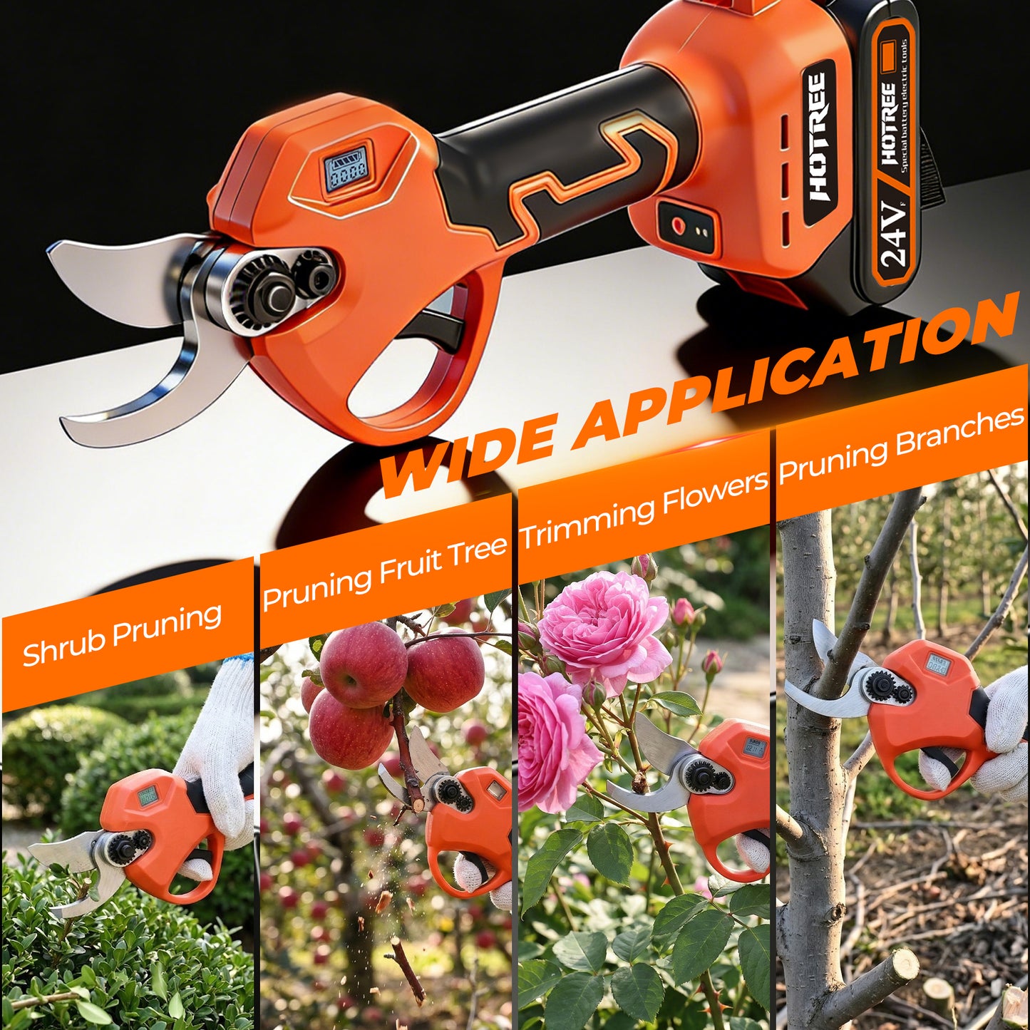HOTREE Cordless Electric Pruning Shears with 2 Batteries, Adjustable 0.8 to 1.2 Inch Cutting Capacity and for Garden Orange