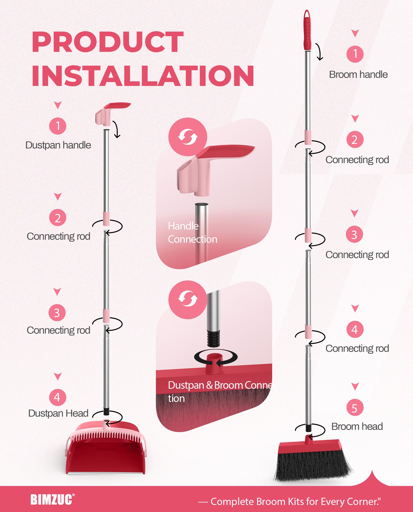 BIMZUC Broom and Dustpan Set for Home, 51" Long Handle Dustpan w/Comb, Broom & Dustpan, Rose Red