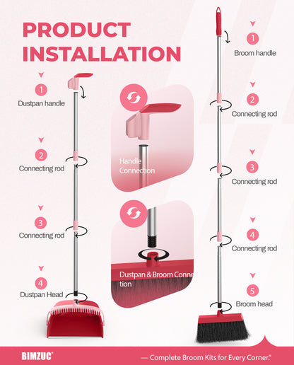 BIMZUC Broom and Dustpan Set for Home, 51" Long Handle Dustpan w/Comb, Broom & Dustpan, Rose Red