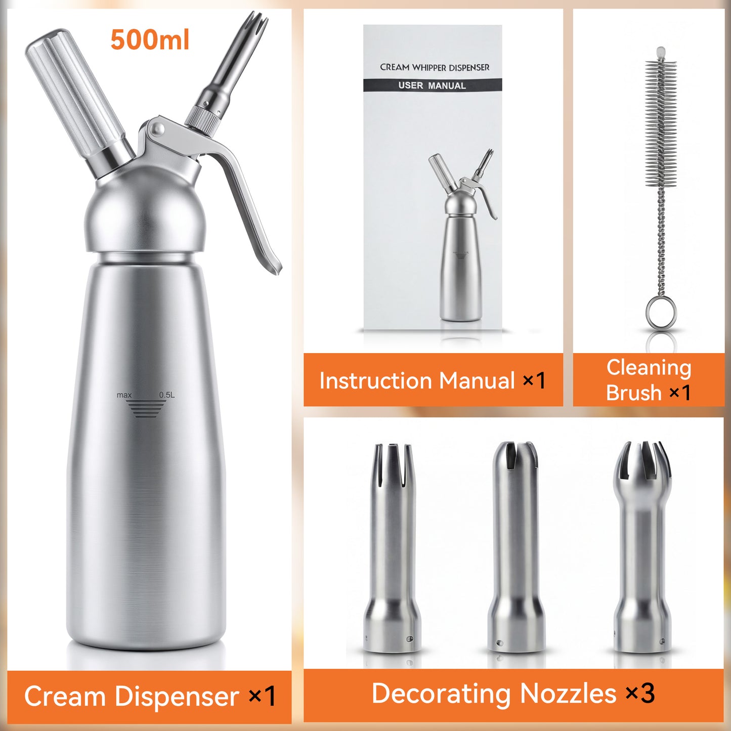 M Buder Whipped Cream Dispenser, Whip Cream Maker 500mL for Desserts Gourmet Cream Whipper with 3 Decorating Nozzles, Cleaning Brush, Silver