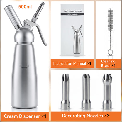 M Buder Whipped Cream Dispenser, Whip Cream Maker 500mL for Desserts Gourmet Cream Whipper with 3 Decorating Nozzles, Cleaning Brush, Silver