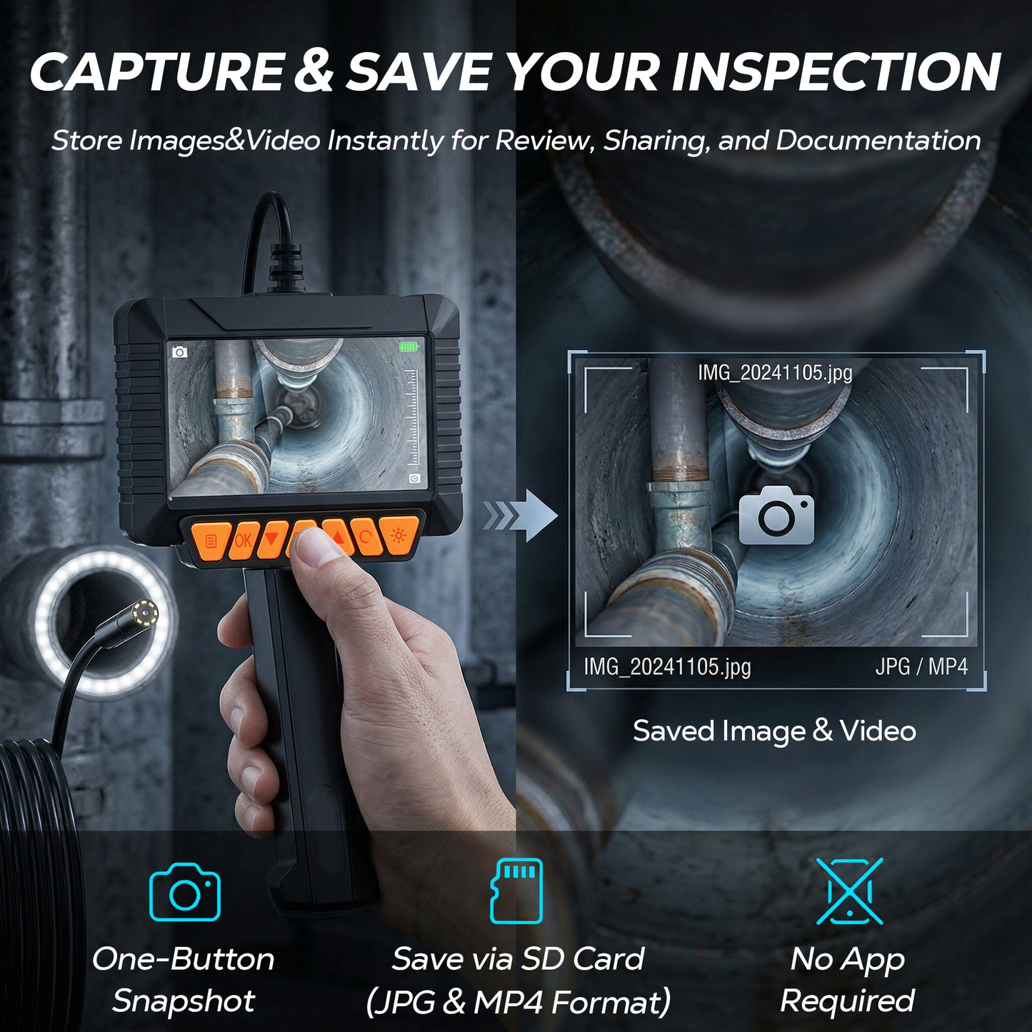 FLORAY 4.3" Borescope Inspection Camera with Light, 1080P HD Endoscope Snake Camera, 16.5 ft Semi-Rigid Cable, IP67 Waterproof, 2600mAh Rechargeable Battery, Photo Capture Function