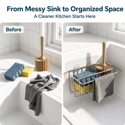 Riousery Compact Kitchen Sink Caddy, Adhesive Sponge Holder, 6.7 x 4.0 x 2.9 in Stainless Steel Mini Sink Organizer with Brush Holder and Dishcloth Bar, Rust Resistant