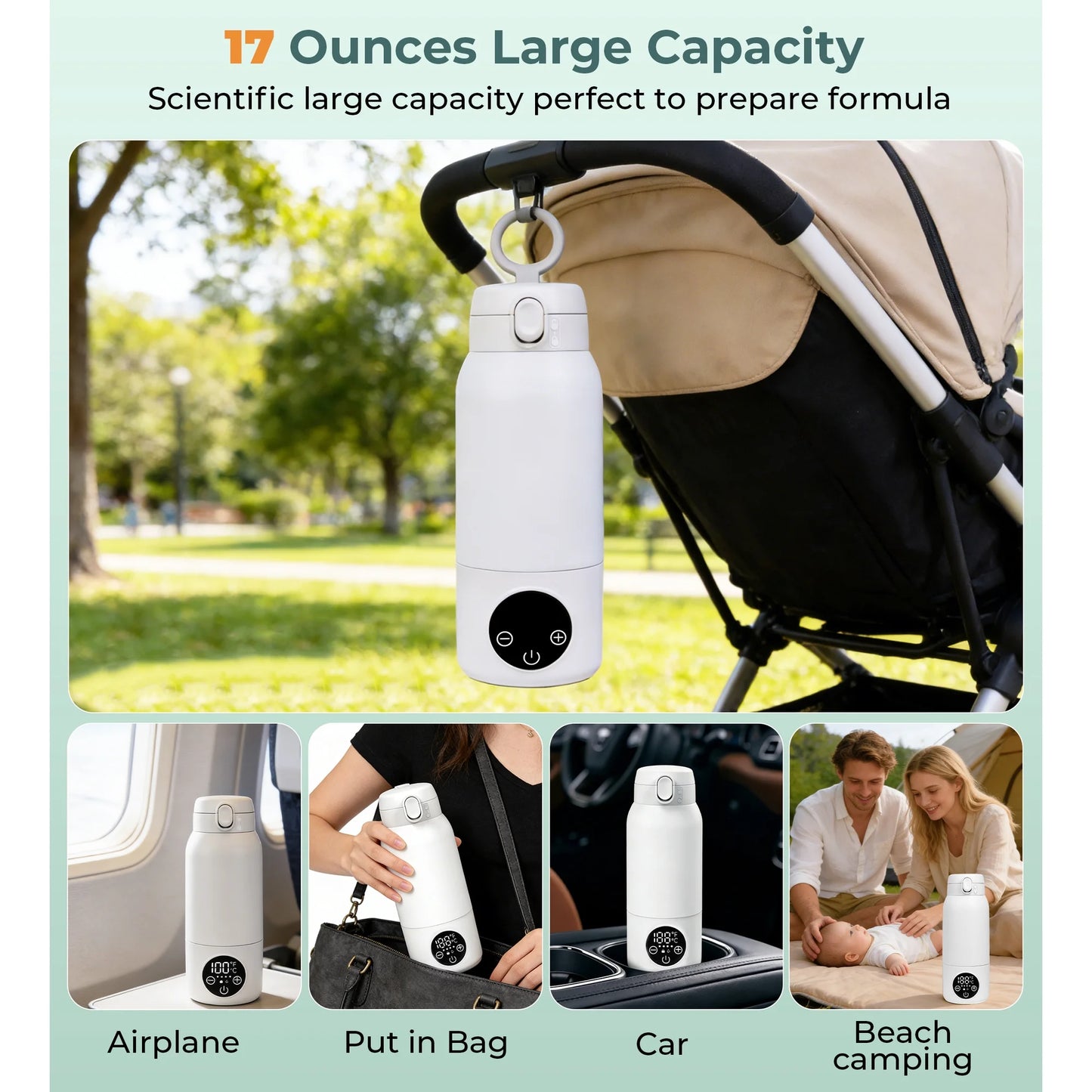 RUPOUN 17oz Large Capacity Cordless Portable Bottle Warmer - Baby Milk Warmer for Breast Milk, Formula & Water, Travel & Outdoor Use, White