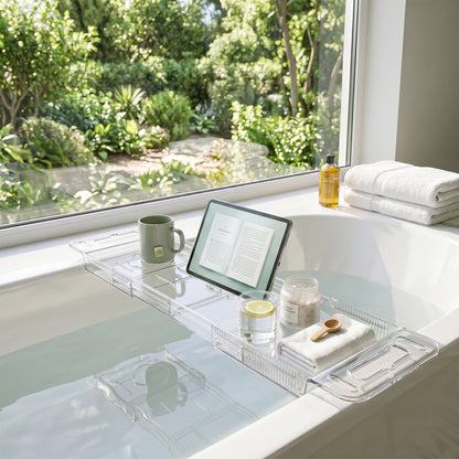 LZSDS Bathtub Rack Extendable 22.24-31.5 Inch, Acrylic Bath Tray with Adjustable Stand for Book Tablet and Wine Glass