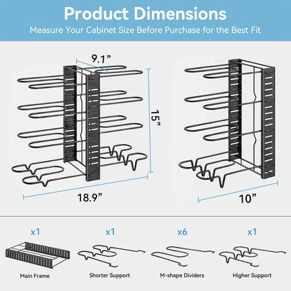 Riousery Pot and Pan Organizer Rack for Cabinet, 8-Tier Adjustable Cookware Organizer with Dividers, 3-Way Assembly, Tool-Free Setup, Non-Slip Storage for Pots, Pans, Lids and Bakeware