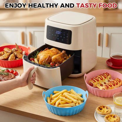 M Buder 3 Pack Silicone Air Fryer Liners 4-7 QT, Reusable Food Grade Basket Bowl, Replacement for Parchment Paper, Baking Tray Oven Accessories, Round Red&Blue&Pink (Top 7.9in, Bottom 6.7in)