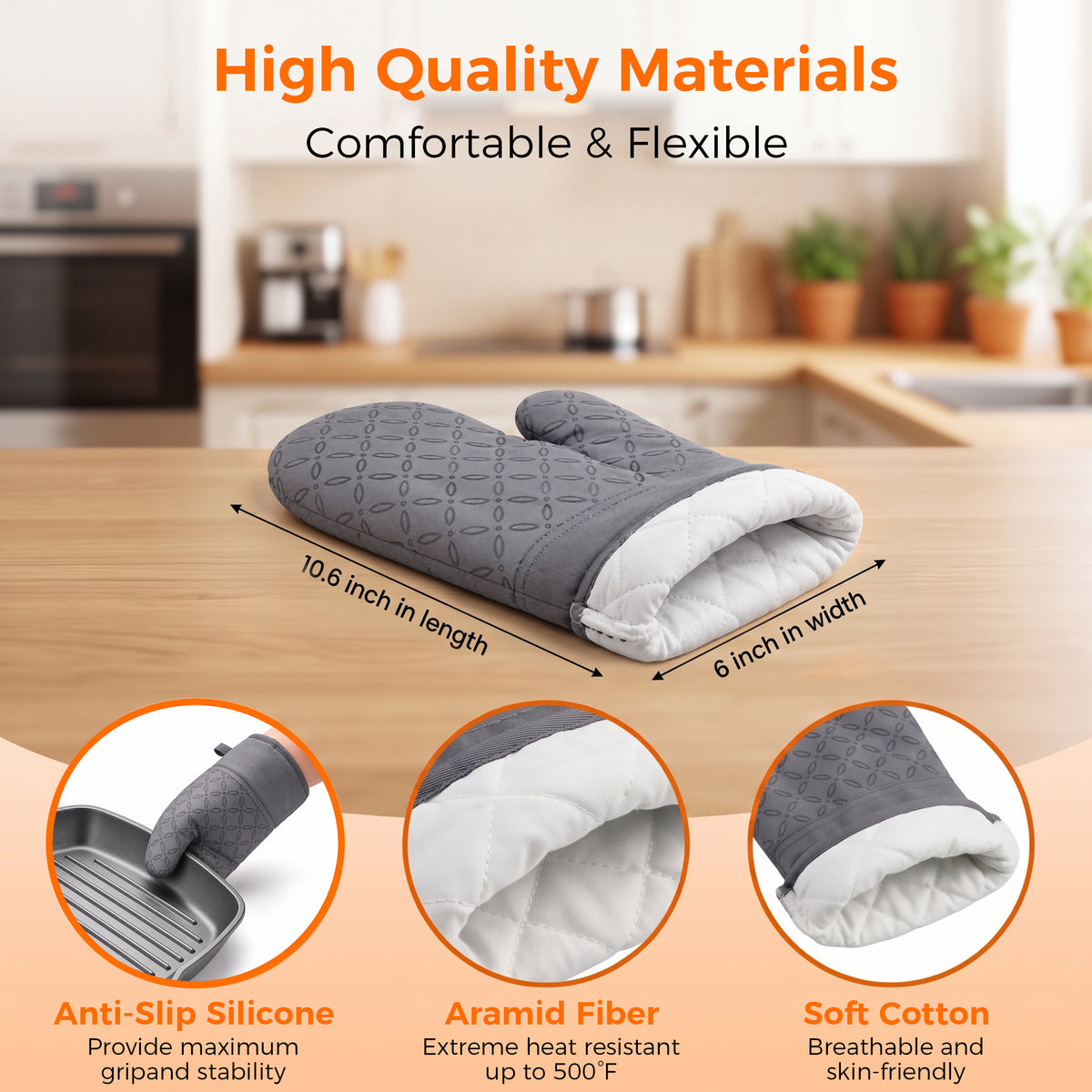M Buder Oven Mitts Set, 4 Pcs 392°F Heat Resistant Pot Holders and Oven Mitts, Extra Long Thick Cotton Kitchen Oven Gloves for Cooking, Baking, BBQ, Gray