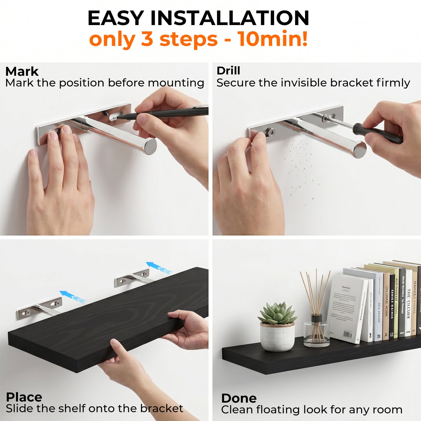 Riousery Floating Wall Shelves, Set of 3, 15.7" x 5.9" x 0.6", Black MDF Wood Wall Mounted Shelves for Bedroom, Bathroom, Living Room, Kitchen Storage & Display