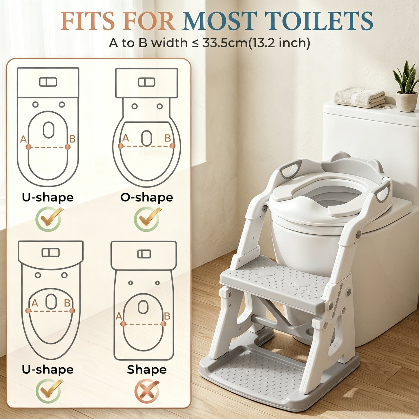 QRNYYOE Adjustable Potty Training Seat with Step Stool, Toddler Toilet Seat with Anti-Slip Step Ladder, Splash Guard for Boys & Girls, Space-Saving Foldable Design, Gray