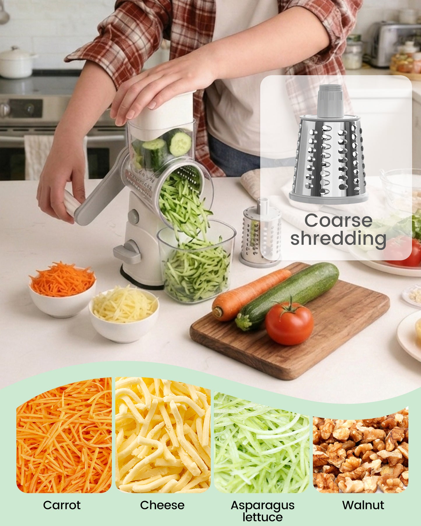 M Buder Rotary Cheese Grater with 3 Interchangeable Blades, Hand Crank Cheese Shredder Vegetable Chopper , Mandoline Slicer, Suction Base, White