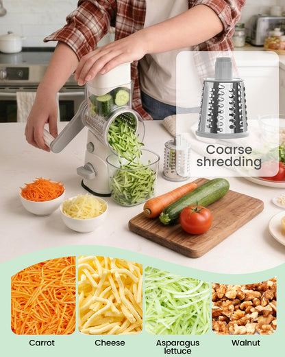 M Buder Rotary Cheese Grater with 3 Interchangeable Blades, Hand Crank Cheese Shredder Vegetable Chopper , Mandoline Slicer, Suction Base, White