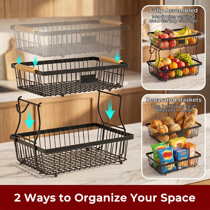Riousery 2-Tier Fruit Basket for Kitchen Counter with Wooden Handle and Side Hooks, Detachable Metal Fruit Bowl Stand for Fruit and Vegetable Storage, Black, 16.1" x 9.4" x 11.4"