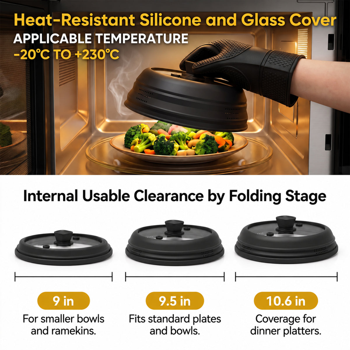 LZSDS 11 inch Collapsible Silicone Microwave Splatter Cover with Tempered Glass Window, Black