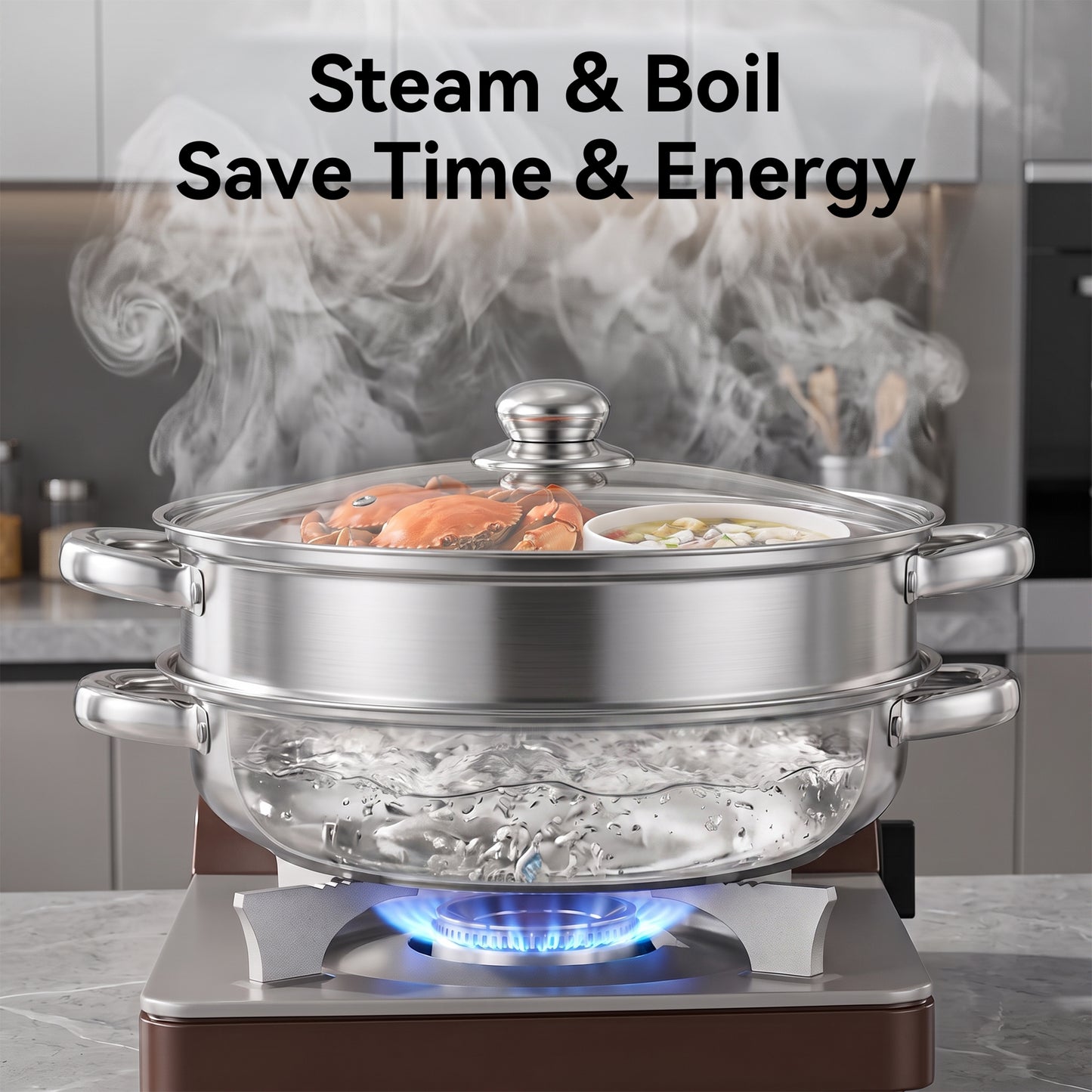 LZSDS Steamer Basket 2 Tier Stainless Steel 11 In, Stackable Steamer Insert Pot with Glass Lid for Vegetables Dumplings