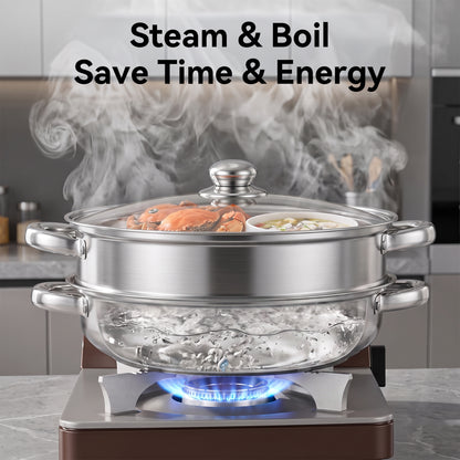 LZSDS Steamer Basket 2 Tier Stainless Steel 11 In, Stackable Steamer Insert Pot with Glass Lid for Vegetables Dumplings