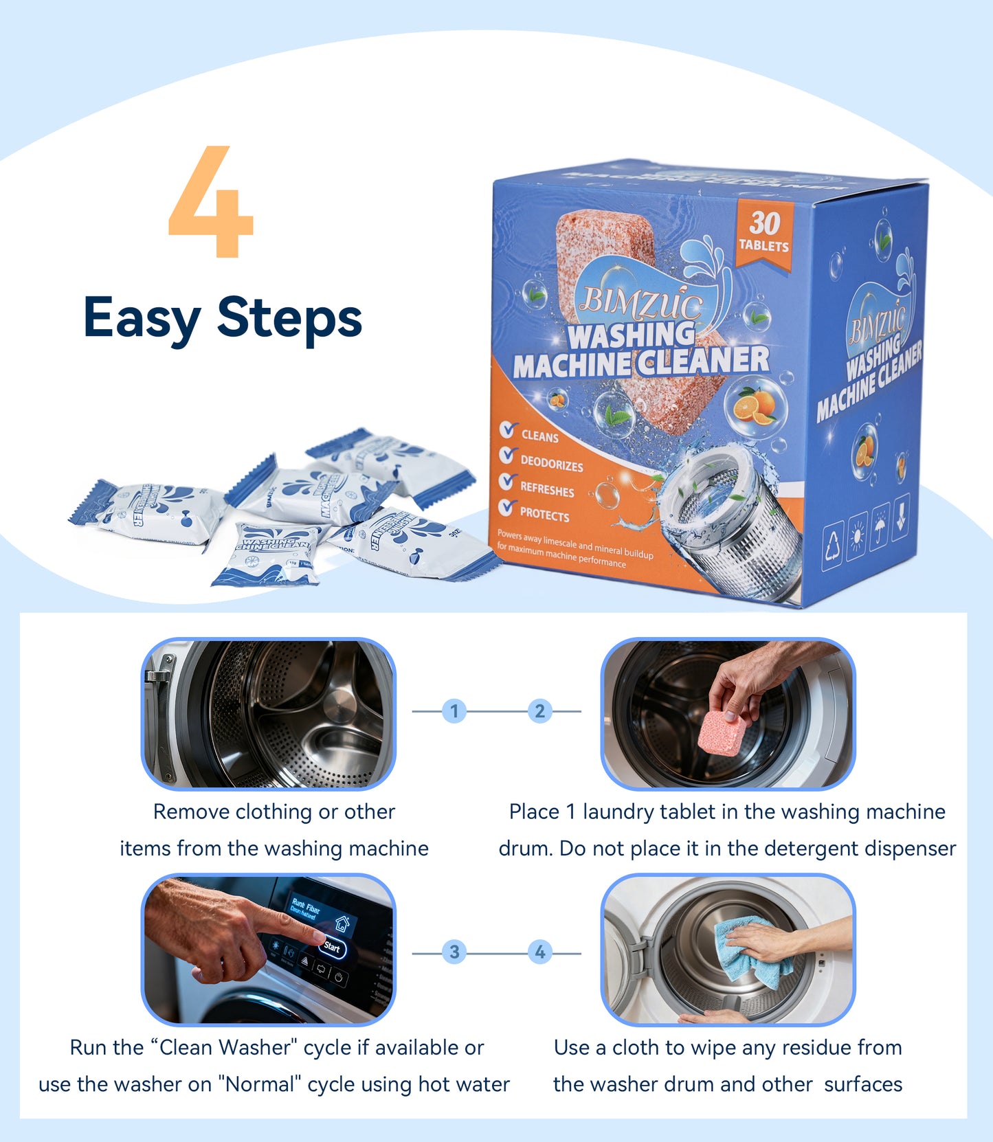BIMZUC Washing Machine Cleaning Tablets, 30 Tablets , Deep Cleans Washing Machine Grime, Large Capacity, Orange Scent