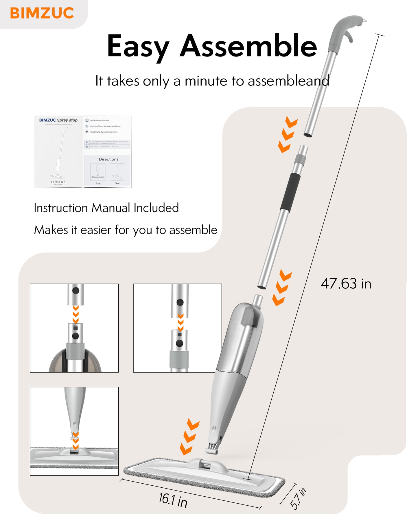 BIMZUC Spray Mop for Floor Cleaning with 3 Washable Pads-Wet Dry Microfiber Mop with 27 oz Refillable Bottle, Gray - New