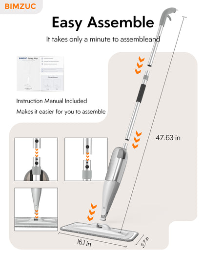 BIMZUC Spray Mop for Floor Cleaning with 3 Washable Pads-Wet Dry Microfiber Mop with 27 oz Refillable Bottle, Gray - New