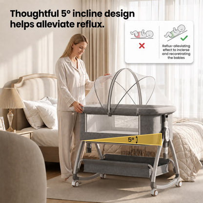Chastar Bassinet Bedside, Portable Baby Crib with 6 Adjustable Heights and Breathable Mesh Panels, Foldable, Gray