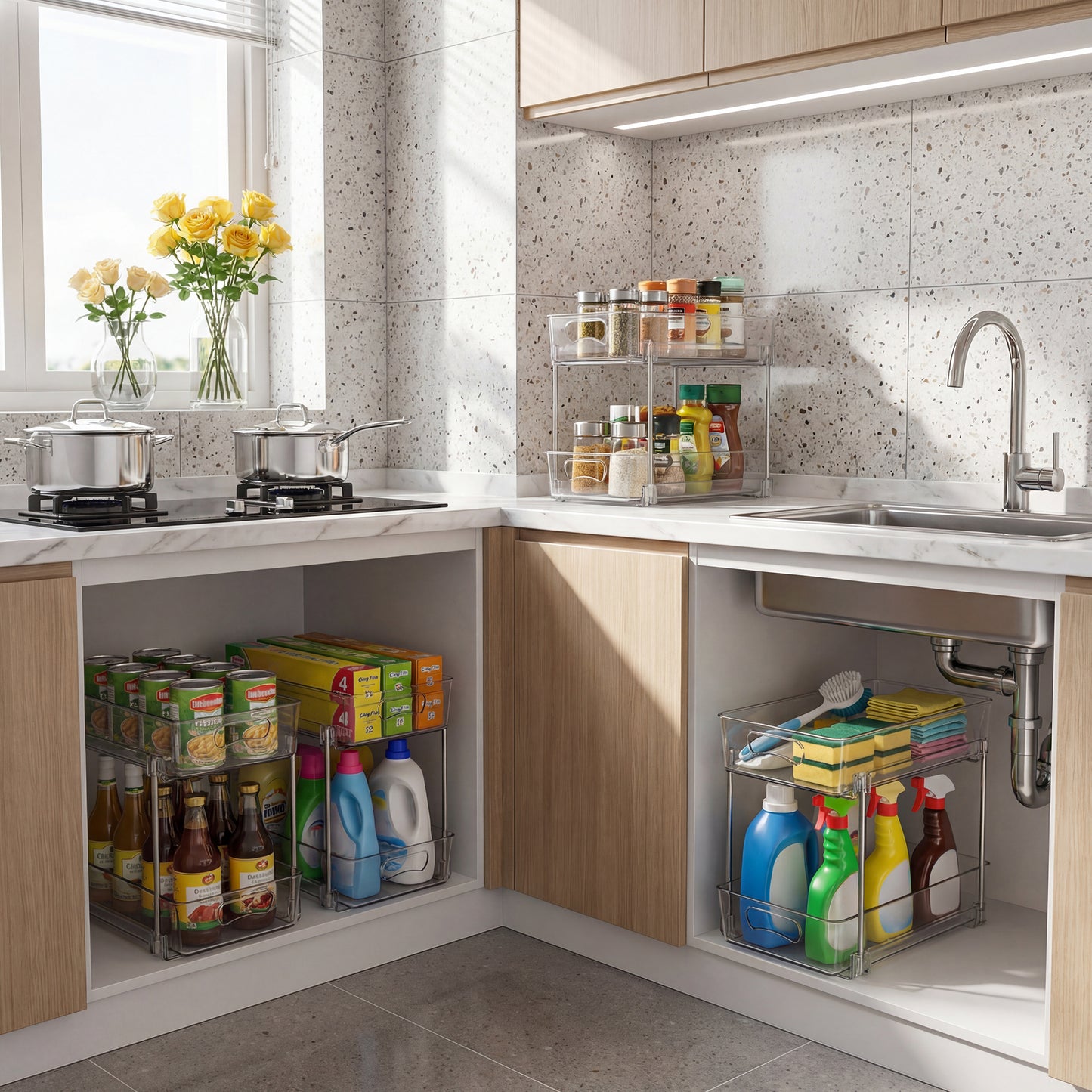 Riousery 2-Tier Clear Under Sink Organizer, 2-Pack Pull-Out Cabinet Storage, Stackable Design for Kitchen and Bathroom