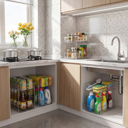 Riousery 2-Tier Clear Under Sink Organizer, 2-Pack Pull-Out Cabinet Storage, Stackable Design for Kitchen and Bathroom