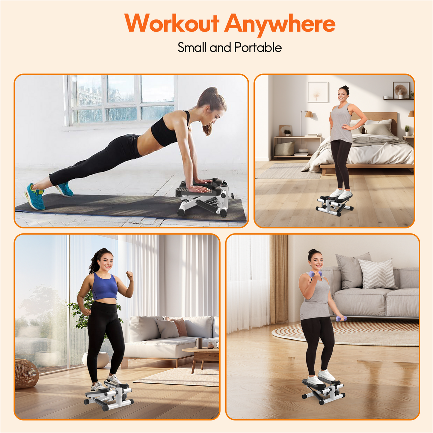 Opmukin Mini Steppers for Exercise, Mute The Sound with Resistance Bands, 331lbs Loading Capacity, Digital Monitor, Optional Twist Motion for Home Fitness - White