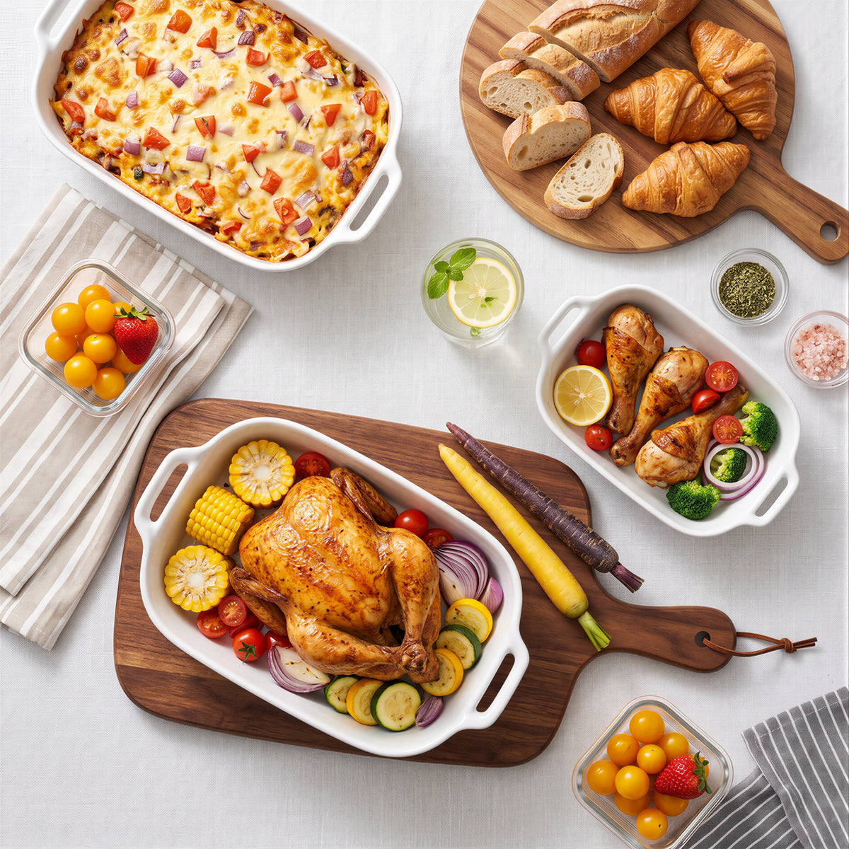 M Buder Casserole Dishes for Oven, Ceramic Baking Dish Set of 3, Thick Rectangular Baking Pans with Handles for Baking Cake, White