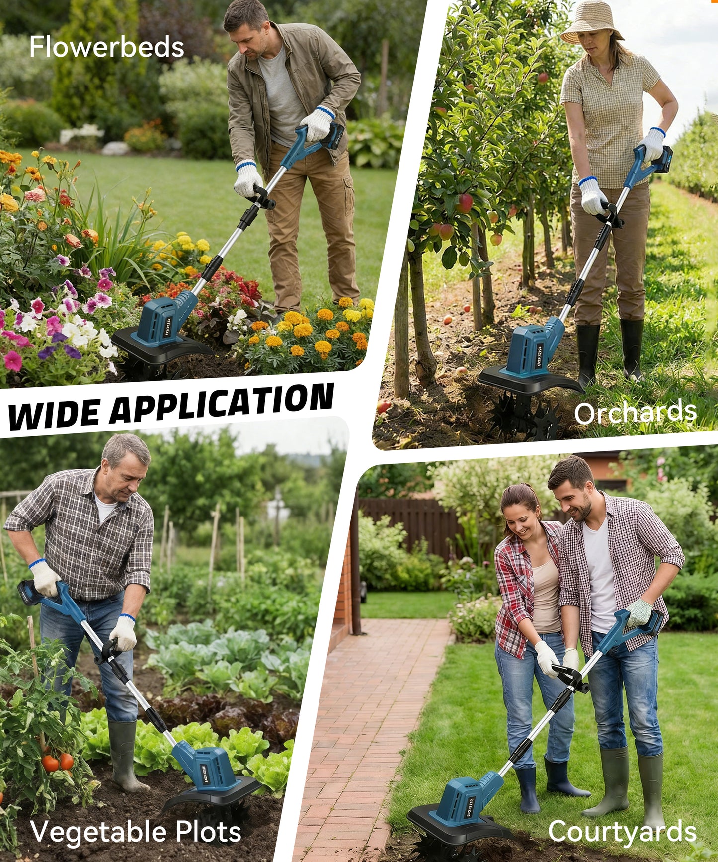 HOTREE Cordless Electric Tiller 4pcs Blades 12in Tilling Width and 8in Depth Electric Garden Rototiller 300rpm for Lawn Gardening Soil Cultivation