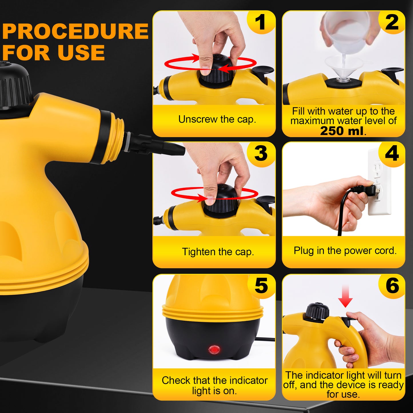 BIMZUC Handheld Steam Cleaner, 2500W Multi-Surface Cleaner with 10 Accessories, Compact Design, Yellow