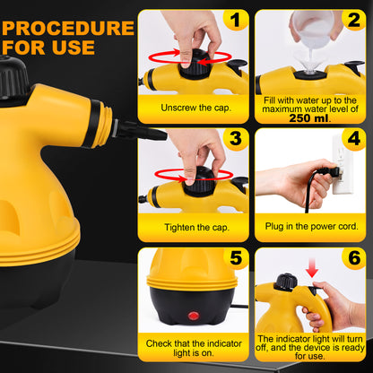 BIMZUC Handheld Steam Cleaner, 2500W Multi-Surface Cleaner with 10 Accessories, Compact Design, Yellow