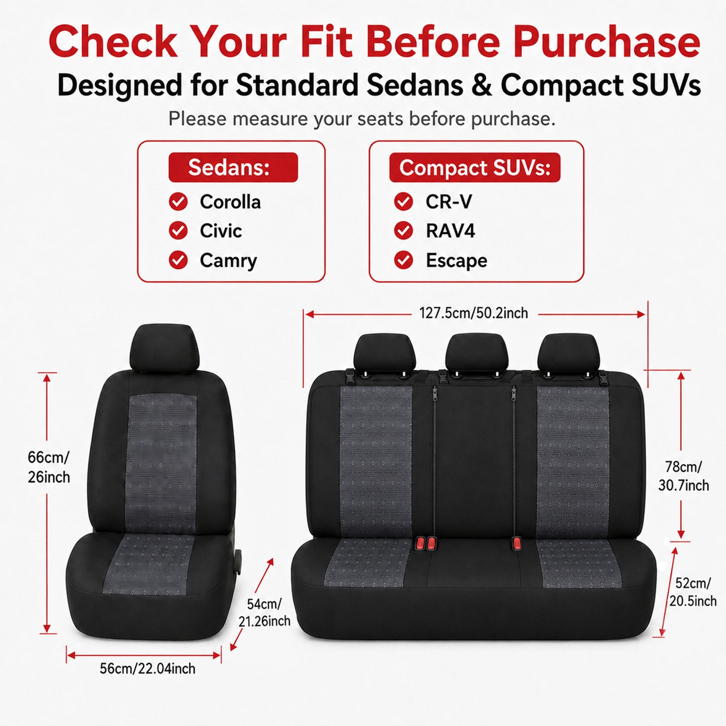 FLORAY Universal Car Seat Covers Full Set for Sedans & Compact SUVs, Airbag Compatible Auto Seat Protectors, Front & Rear Bench, Black