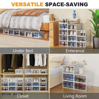Riousery Shoe Boxes Set of 12, Clear Plastic Stackable Shoe Storage Organizer for Home Closet Entryway, Shoe Containers with Lids