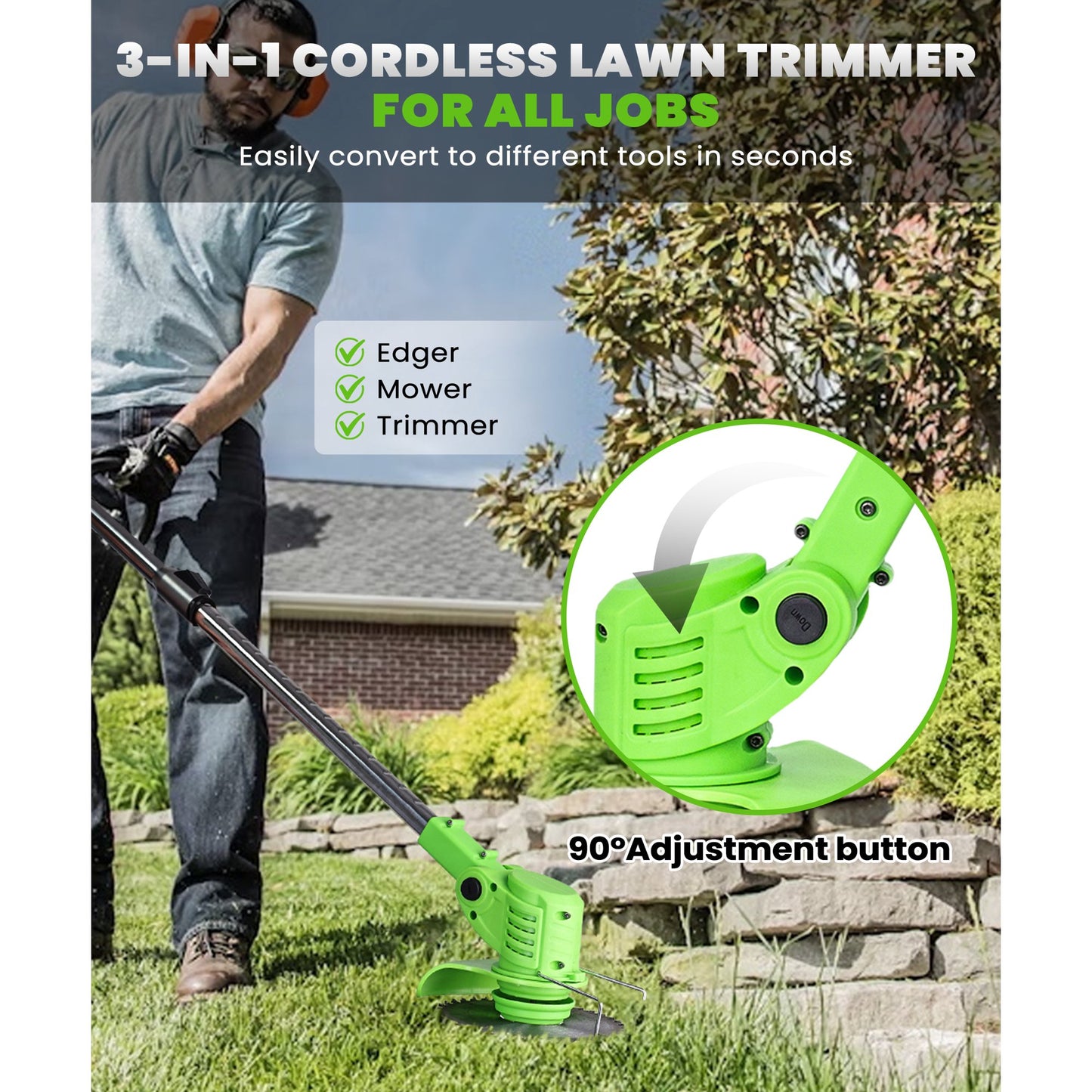 YAHHU 21V Cordless 3-in-1 Weed Wacker, Trimmer, Edger & Mower with Multi-Blade System for Effortless Lawn & Garden Care