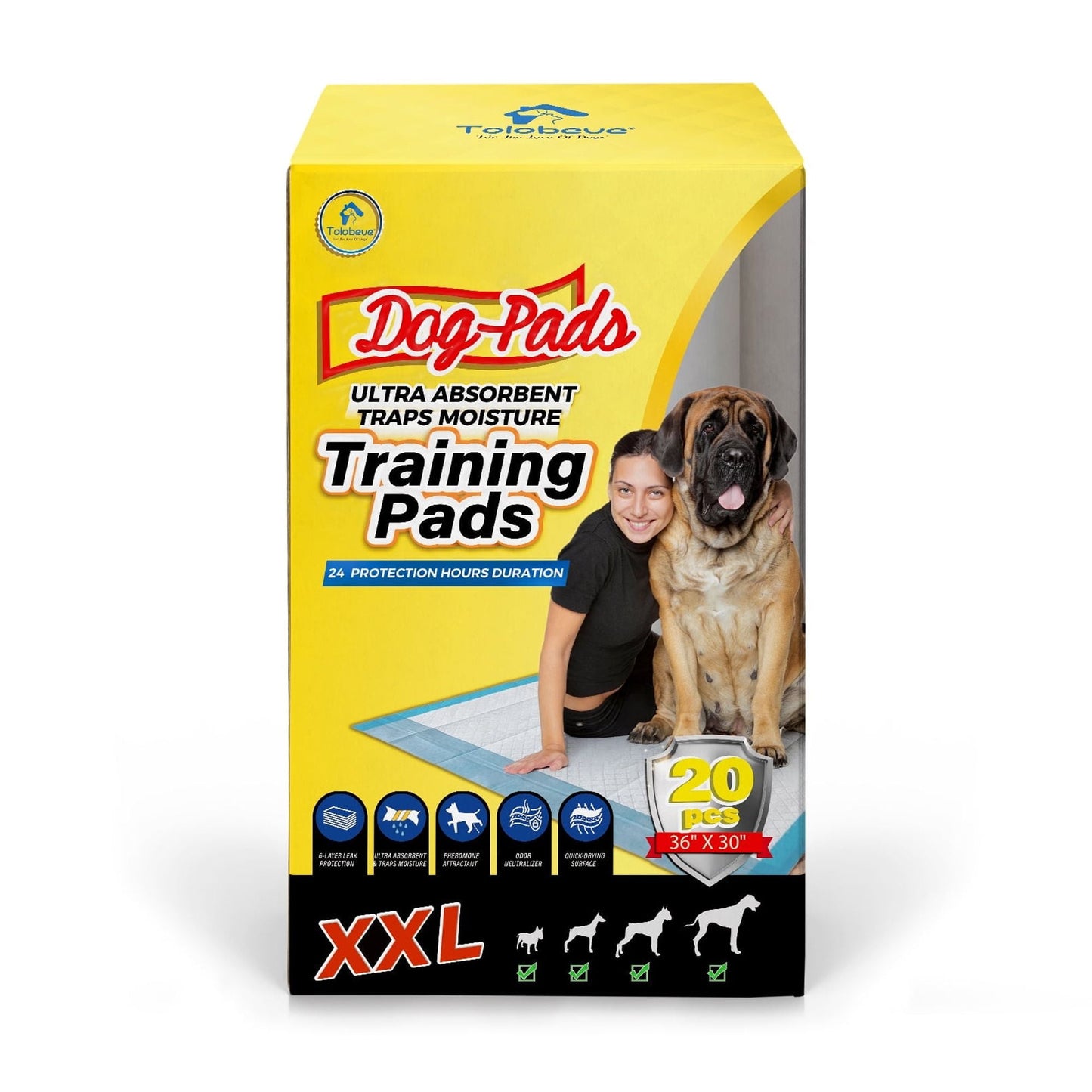 Tolobeve Dog Training Pads, XXL, 30 in x 36 in, 20 Count Disposable Dog Puppy Pee Pads