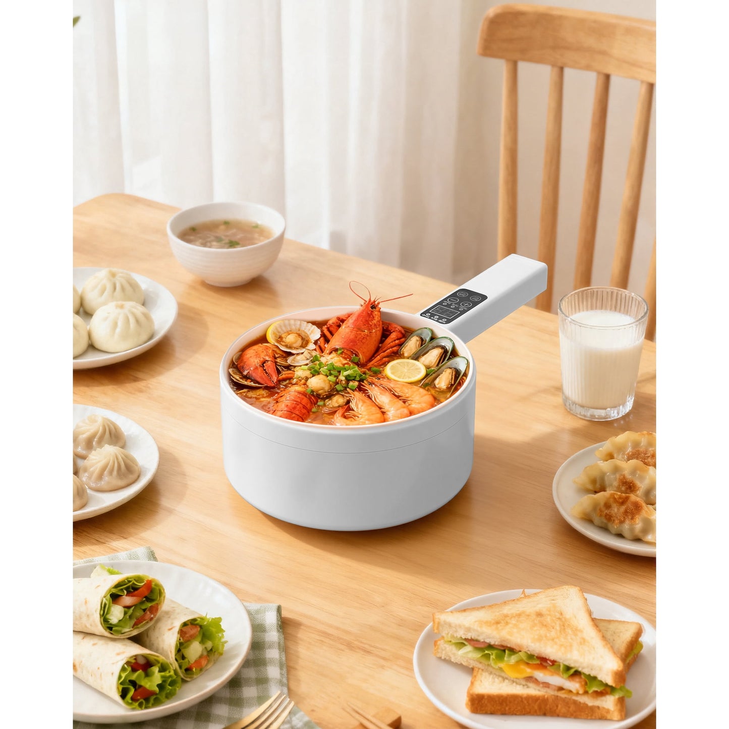 Casualife 2L Electric Hot Pot with Steamer, 6-in-1 Multi-Cooker, 5-Temp Adjustable, Keep-Warm Function，0.5-9.5H Timer for Steak, Egg, Fried Rice, Soup