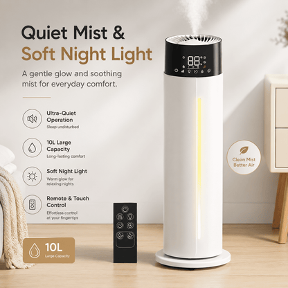 Reelexia 11L Top Fill Tower Humidifiers for Large Room, Cool Mist Floor Humidifier with Wheels, Humidistat, Remote, 1-24H Timer, Night Light, Aroma Tray, White