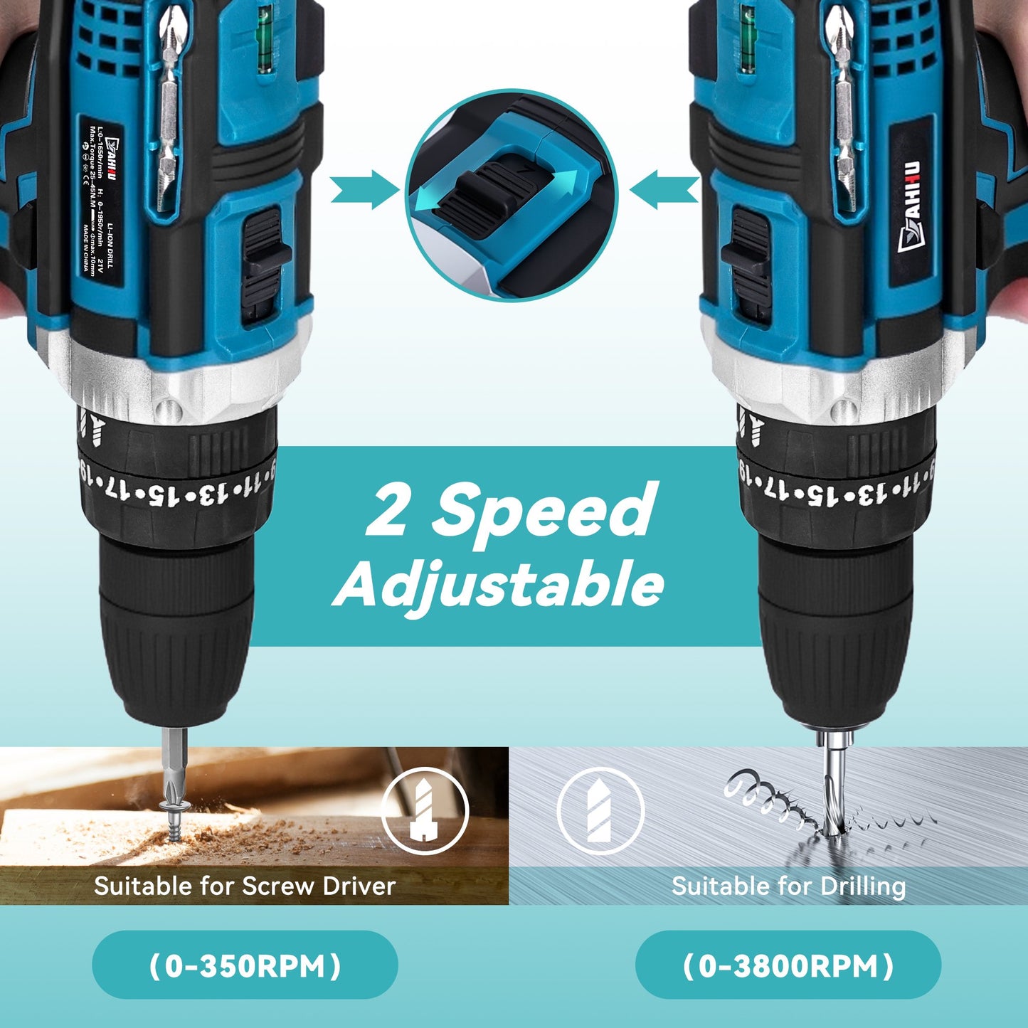 YAHHU 21V Cordless Drill Kit, 3/8" Keyless Chuck, Dual Speed Adjustable, 25+3 Torque Settings, Extensive Driver Accessories